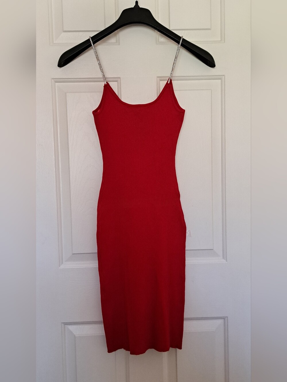 Red Ribbed Slip Dress with Rhinestone Straps - Picture 4 of 7